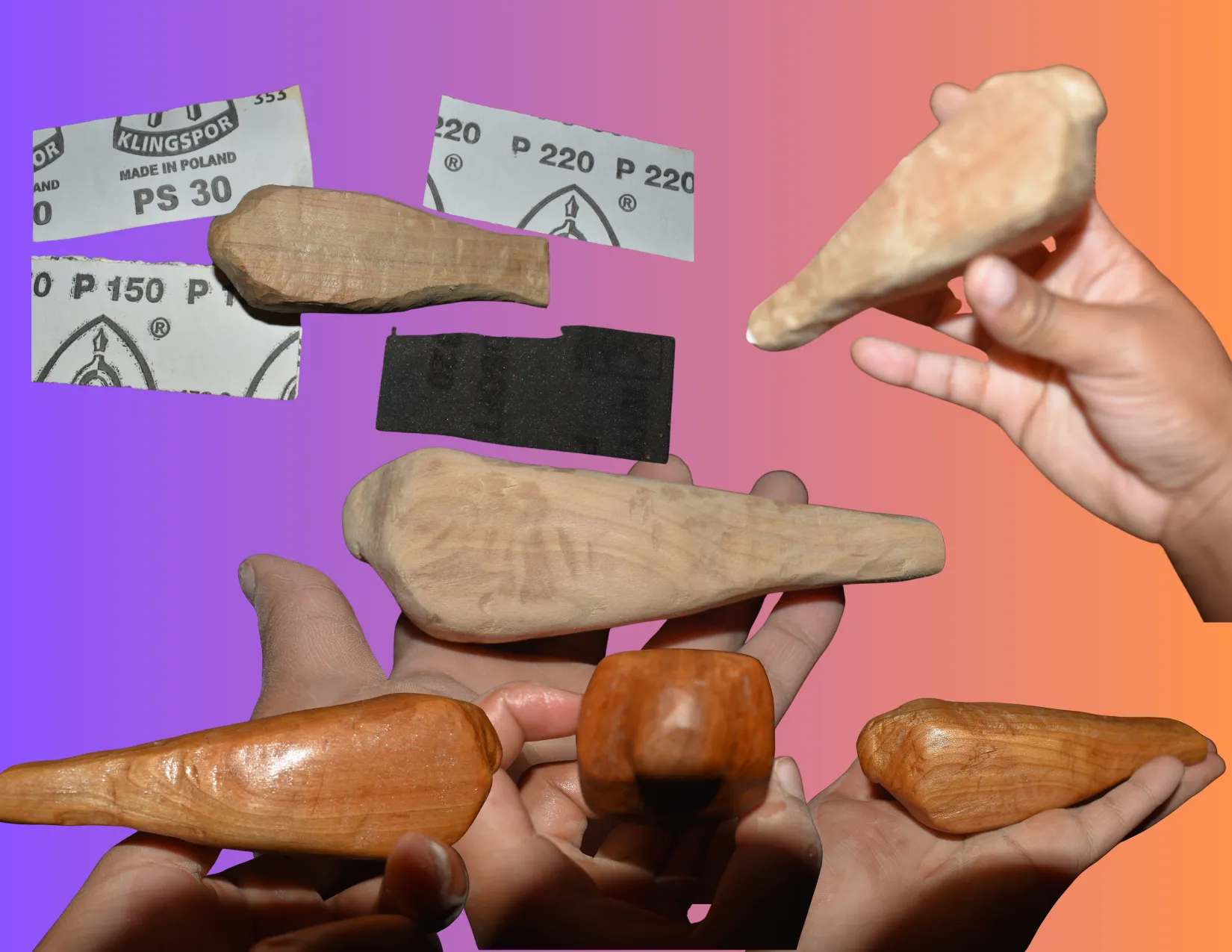 collaged photo of my bird progress, during sanding and after sanding + oil finish